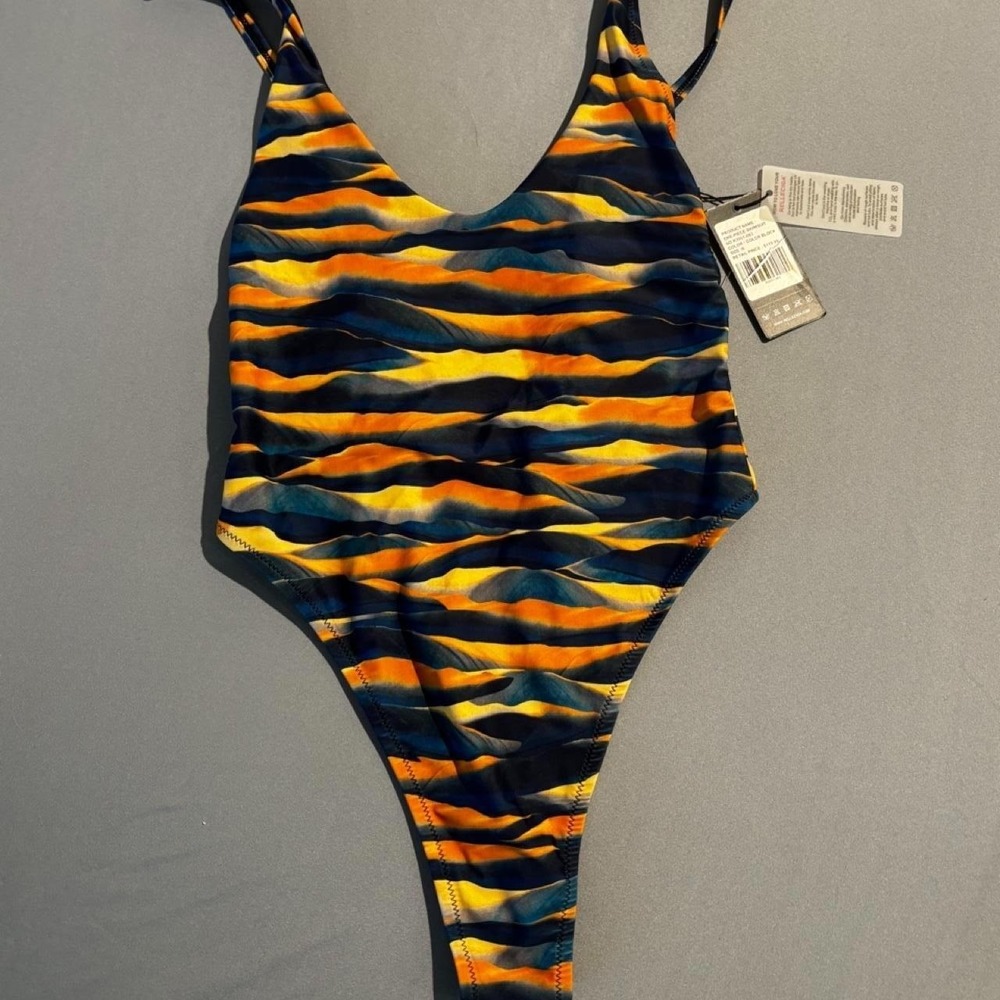 Relleciga Womens One Piece Swimsuit Blue Orange Wavy Stripe Cutout NWT